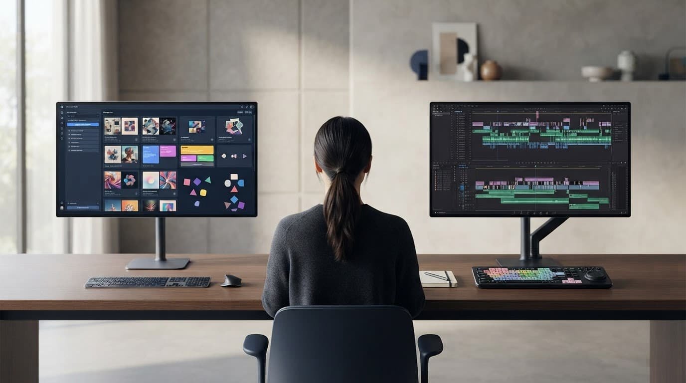 A person sits at a split desk with image frames on one monitor and video timeline shapes on the other.