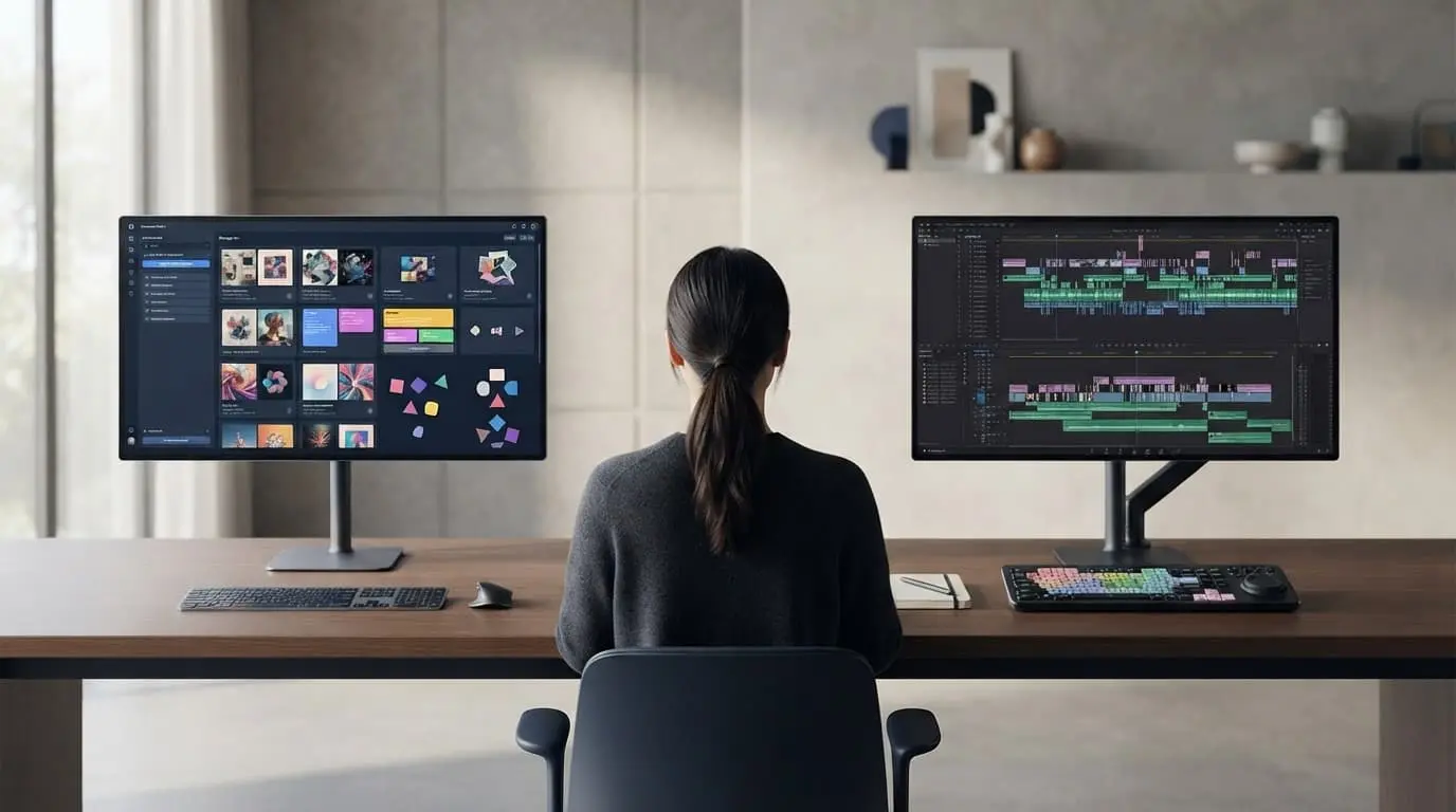 OpenArt vs Google Flow: a practical 2026 comparison 1 A person sits at a split desk with image frames on one monitor and video timeline shapes on the other.