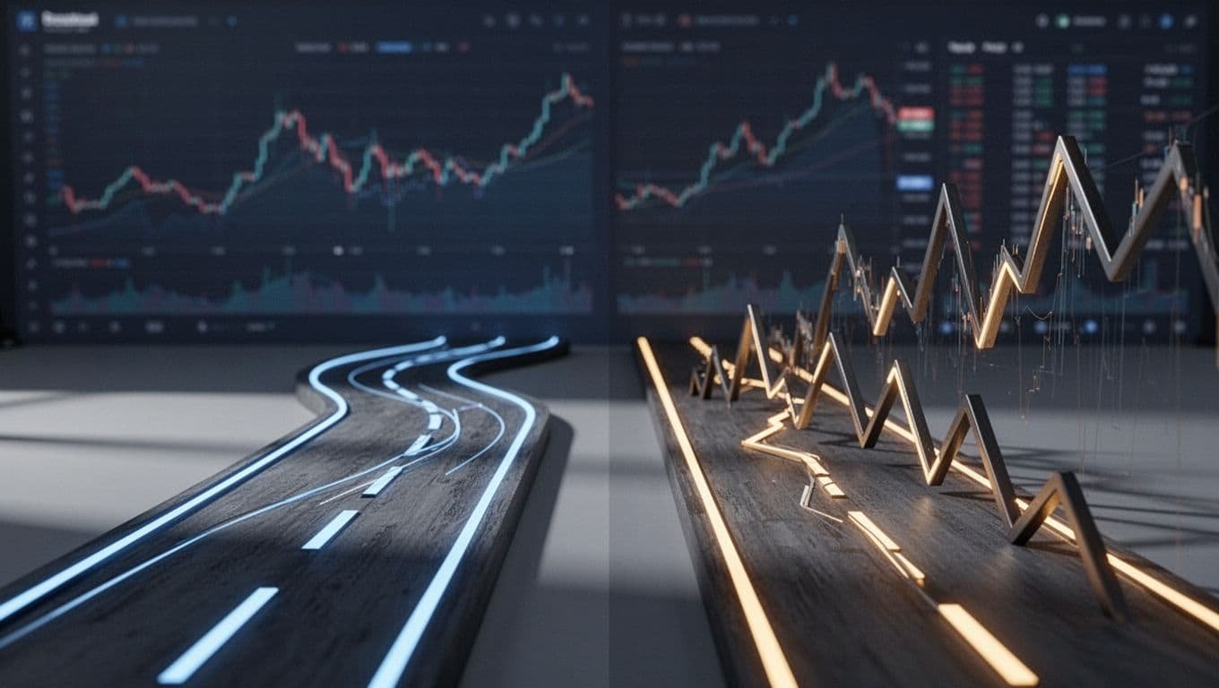 A calm spot trading path contrasts with a tense, volatile futures path.