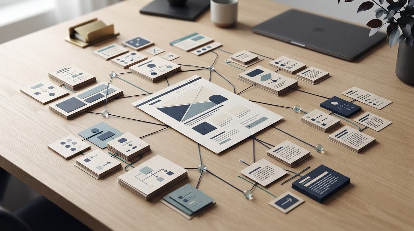 Central document surrounded by connected cards and organized data blocks on a studio desk.