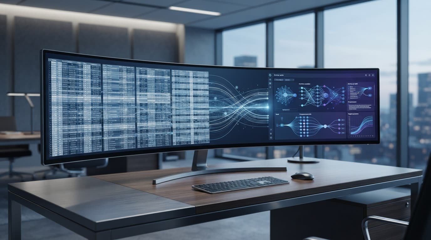 Monitor showing database tables connected by subtle data signals in a blue analytics workspace.