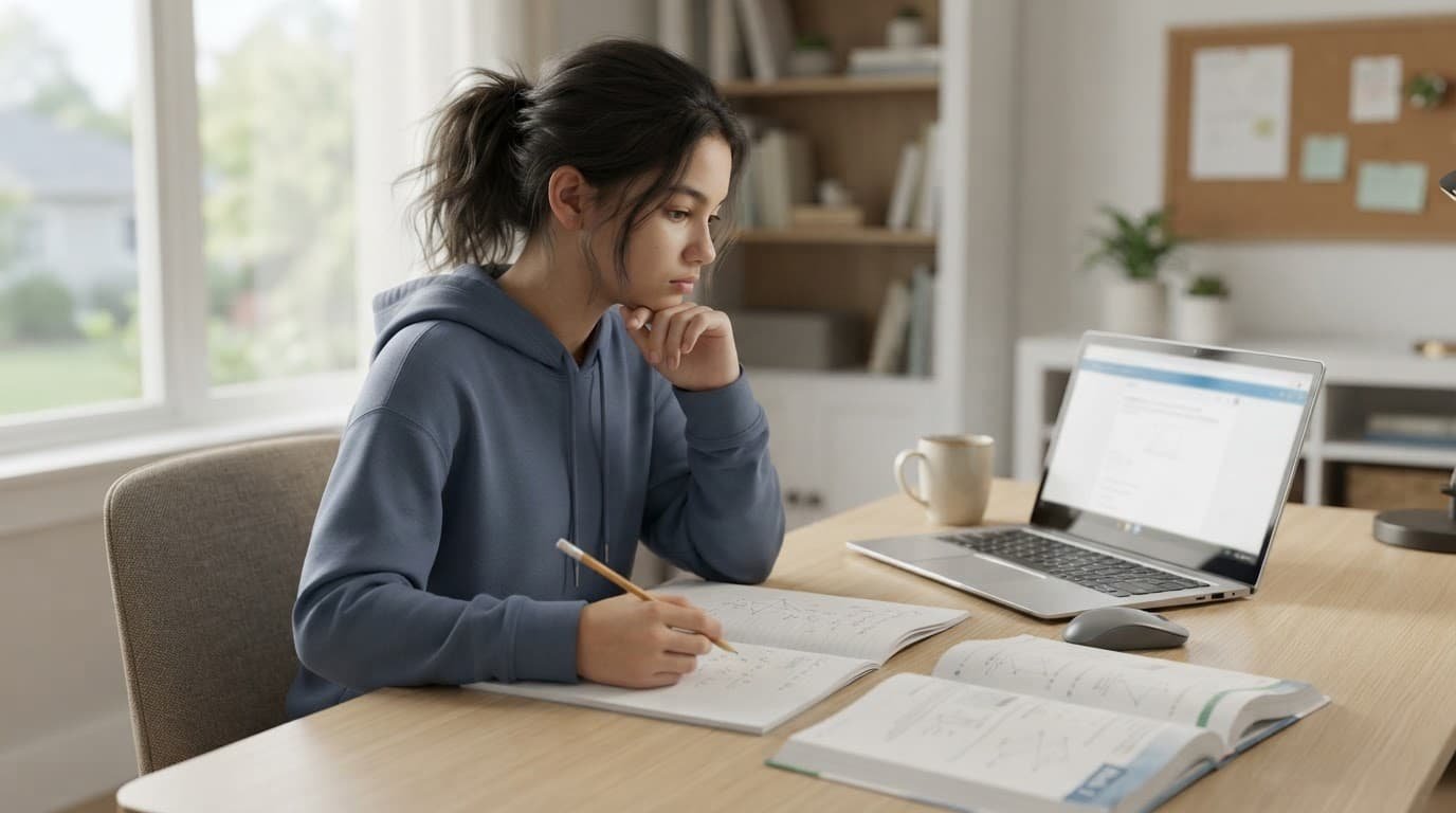 A student thinks over algebra work beside a notebook, textbook, pencil, and laptop.
