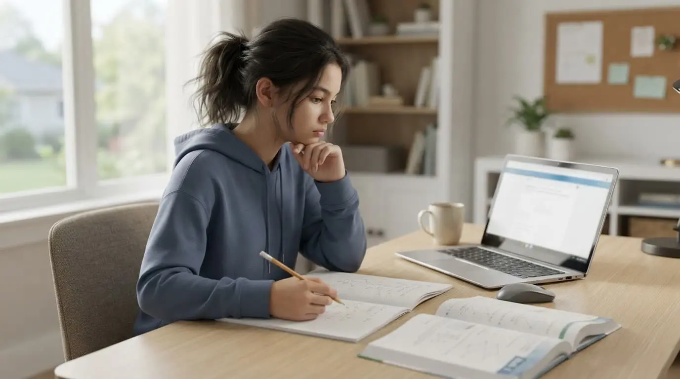 A student thinks over algebra work beside a notebook, textbook, pencil, and laptop.