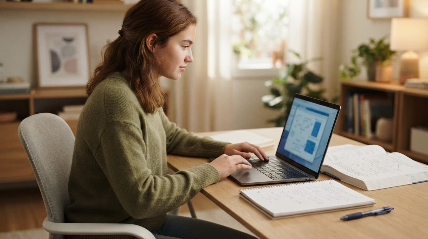 A student studies with a laptop, open textbook, and notebook at a bright desk.
