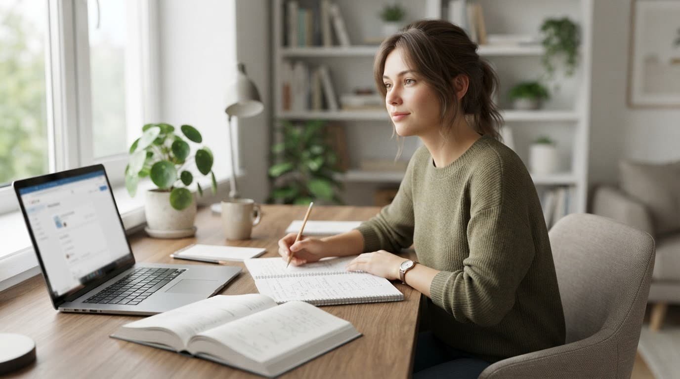 A student studies beside an open textbook, notebook, pencil, and blurred laptop screen.