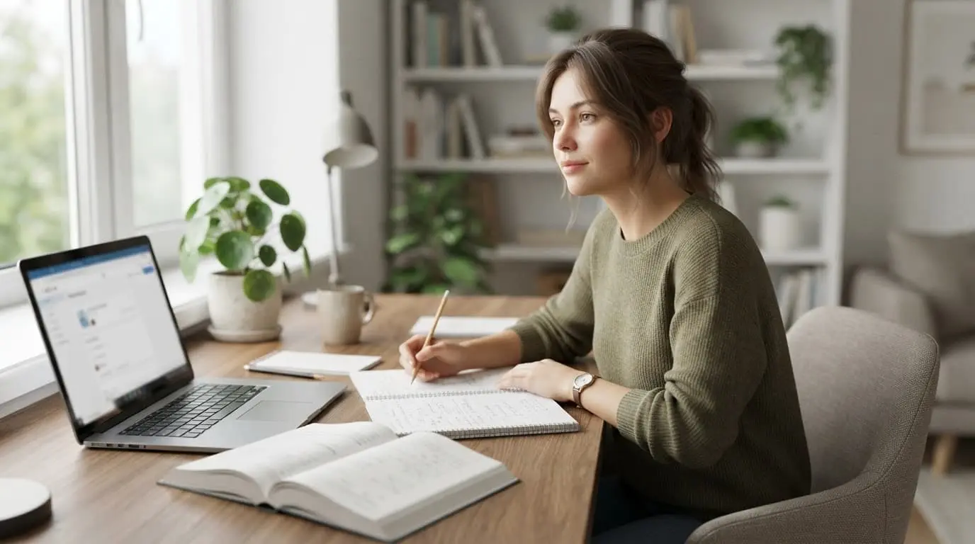 A student studies beside an open textbook, notebook, pencil, and blurred laptop screen.