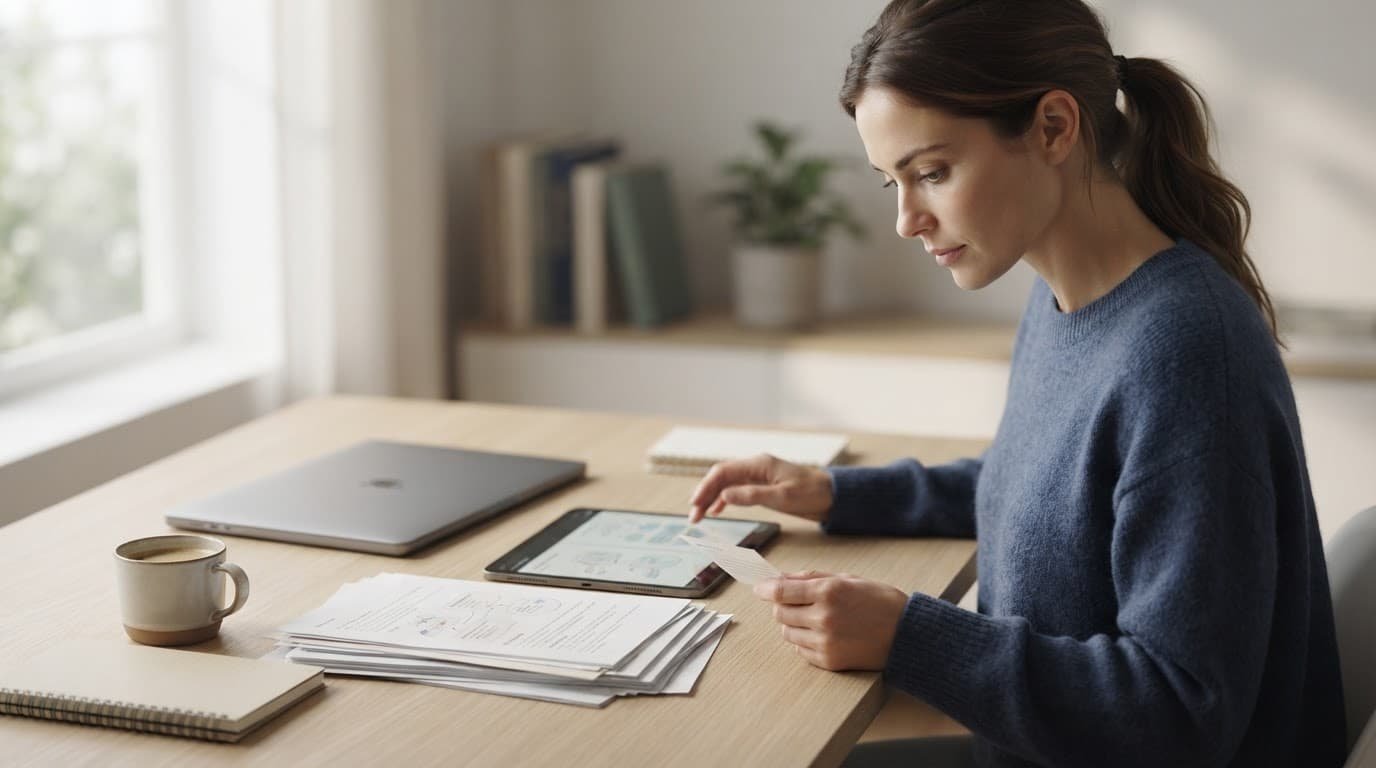 Student studying flashcards beside a tablet, notes, coffee, and a closed laptop.