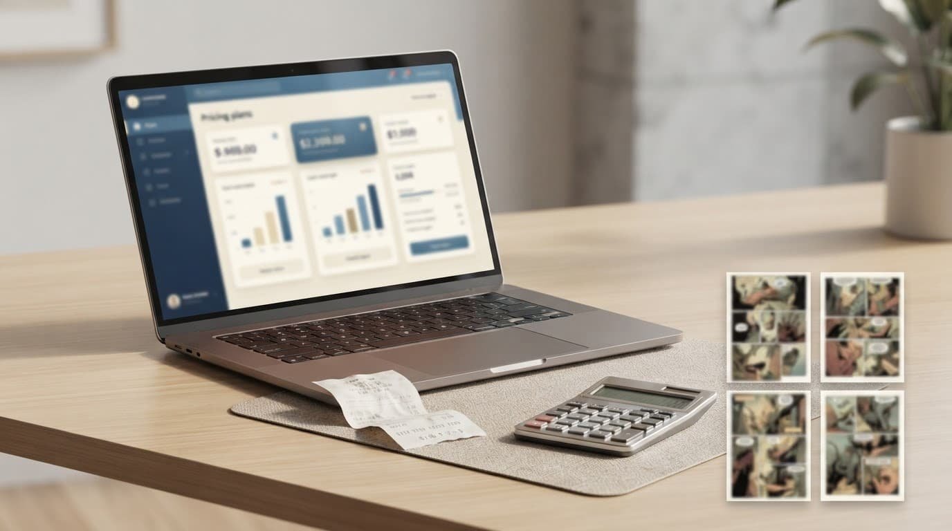 Laptop, receipt, calculator, and comic thumbnails arranged on a modern desk.
