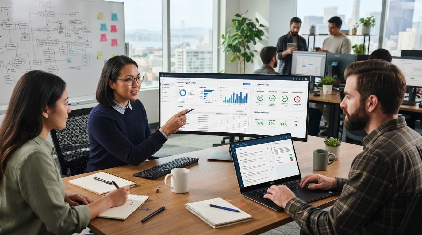 How to build AI agent test cases from support tickets 1 Support staff review ticket dashboards and structured test cases in a bright office.