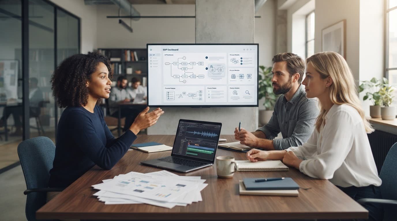 Three coworkers review a workflow on a monitor beside a laptop and printed notes.