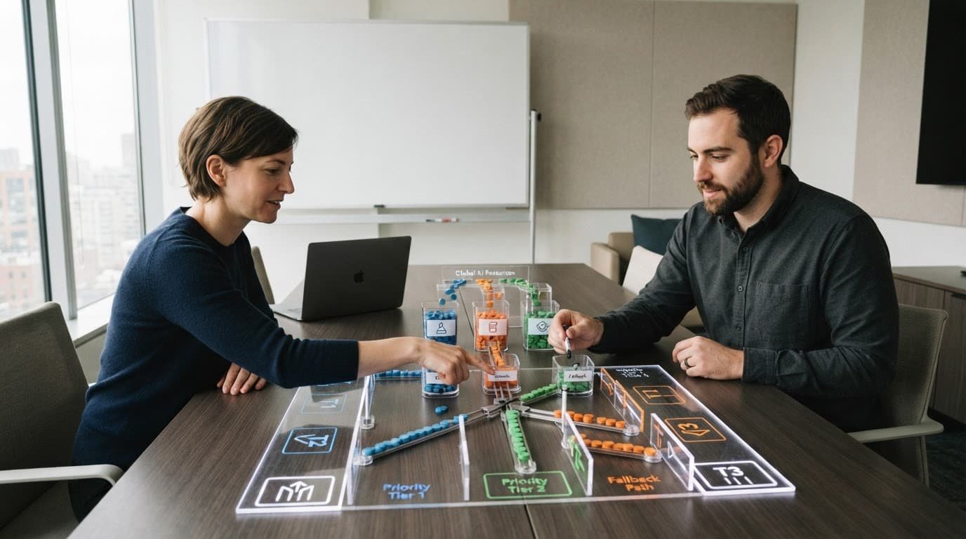 Two engineers arrange colored tokens into separate containers beside a blank whiteboard.