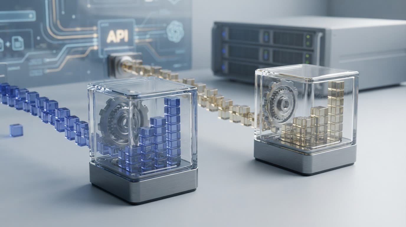 Translucent data blocks flow into separate input and output counters.