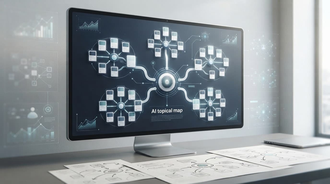A monitor showing a central website topic linked to five organized content clusters.