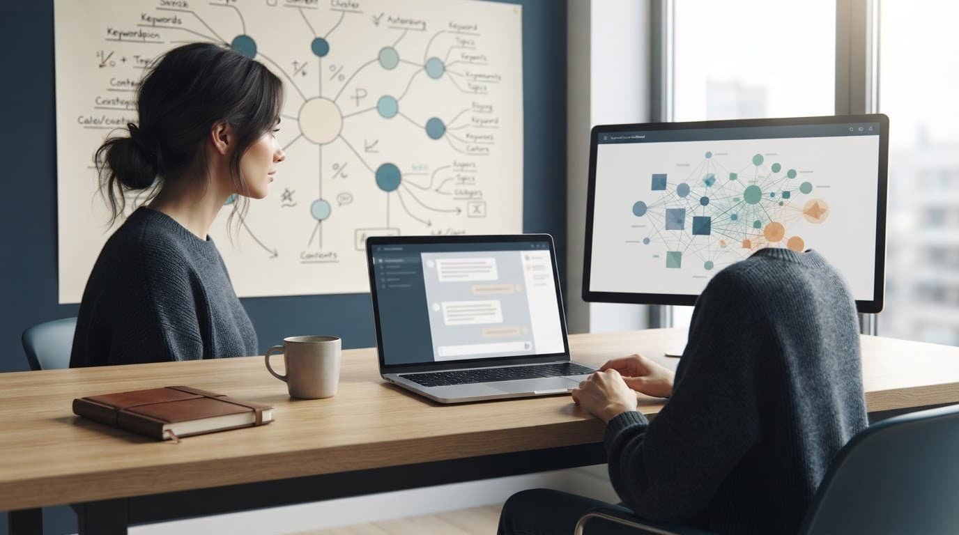 An SEO specialist compares two workflow layouts at a desk with a laptop and wall diagram.