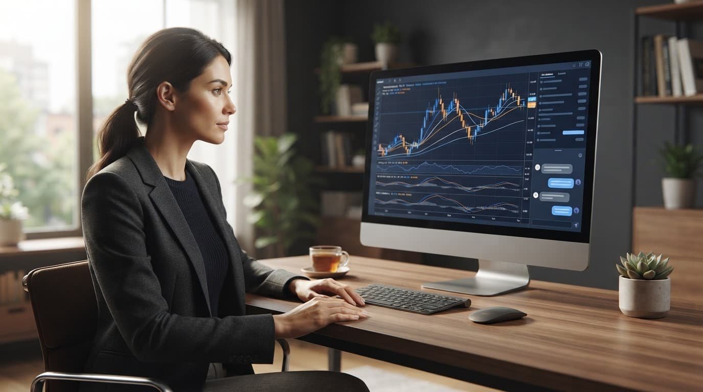 A trader reviews charts on a monitor in a modern home office.