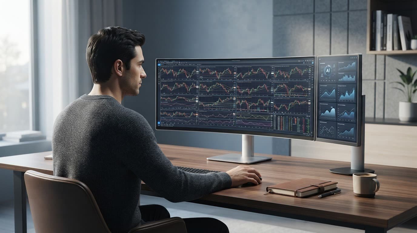 A trader reviews charts on an ultrawide monitor beside a notebook and coffee.