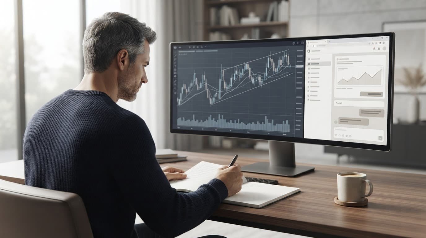 A trader reviews a checklist beside an abstract market chart in a bright home office.