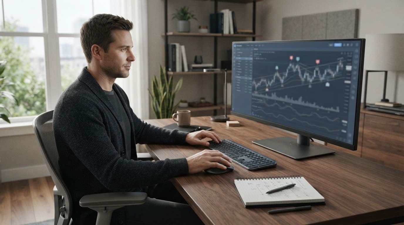 A trader reviews blurred market charts beside a notebook in a modern home office.
