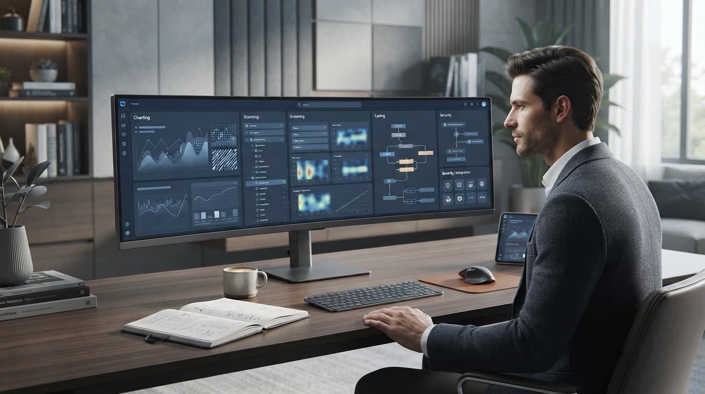A trader studies abstract charts at a desk with a notebook and coffee.