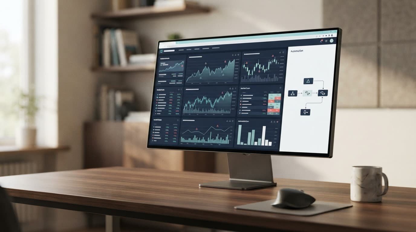 One monitor shows abstract trading charts, alerts, and an automation flow on a clean desk.