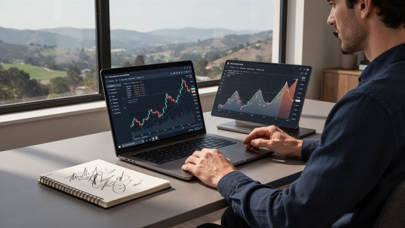One person reviews charts on a laptop beside a marked notebook in a home office.