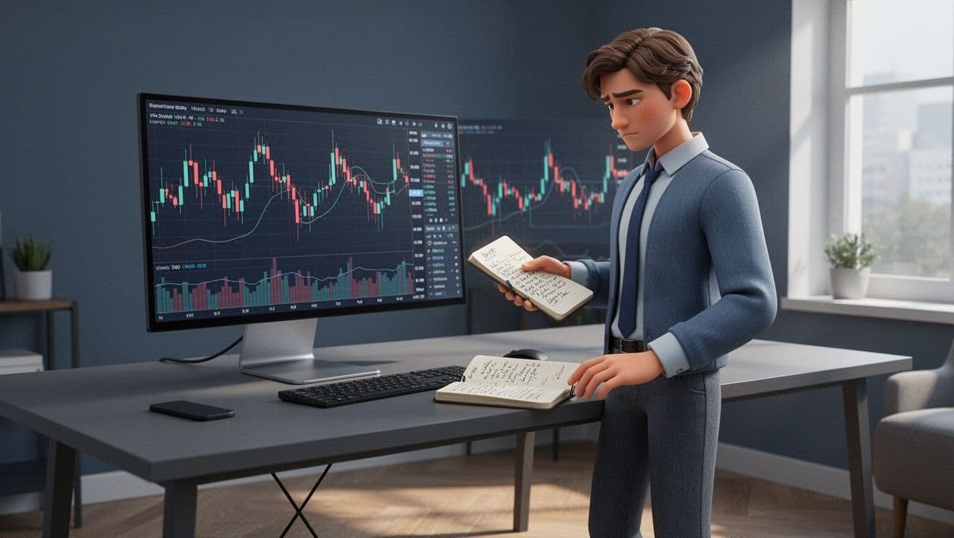 Monitor with abstract charts and testing notes in a modern home office.