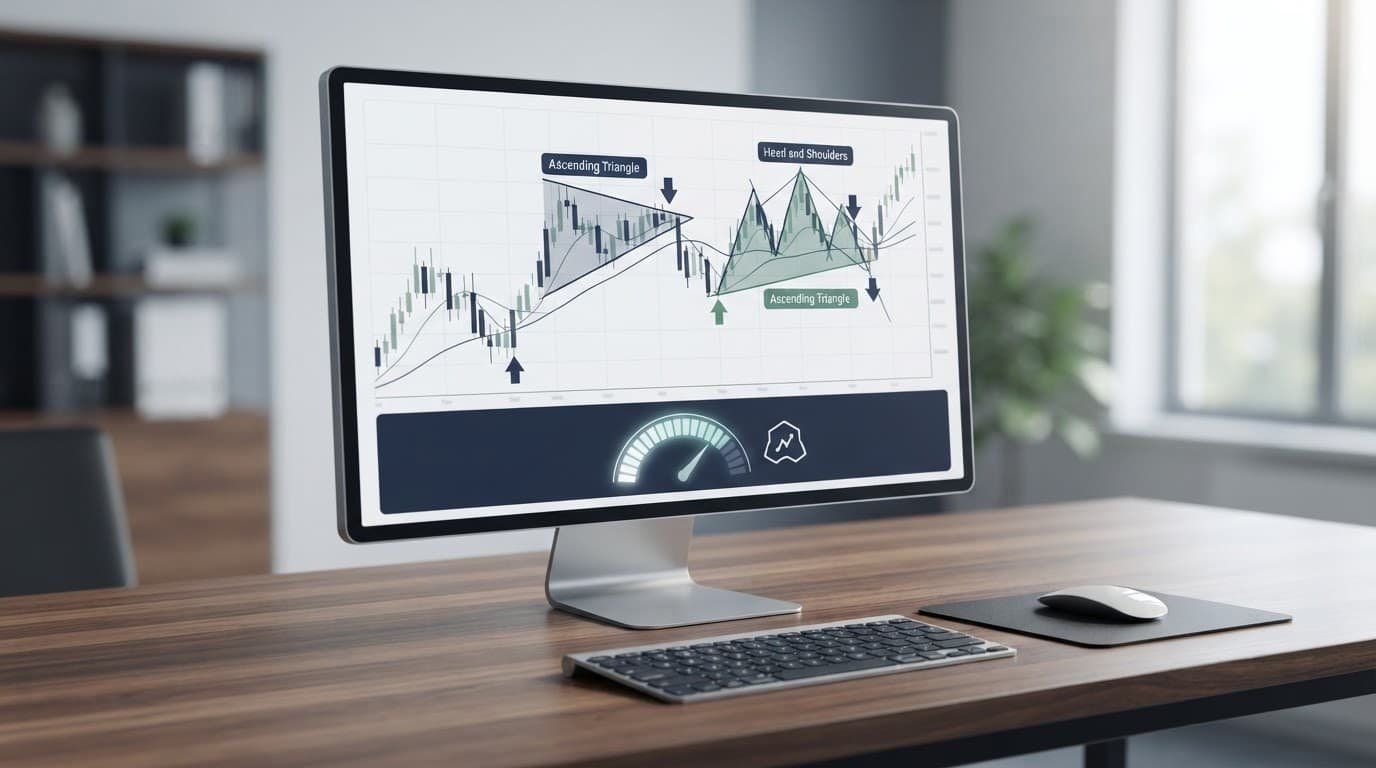 A monitor shows abstract trading charts and signal markers on a clean modern desk.