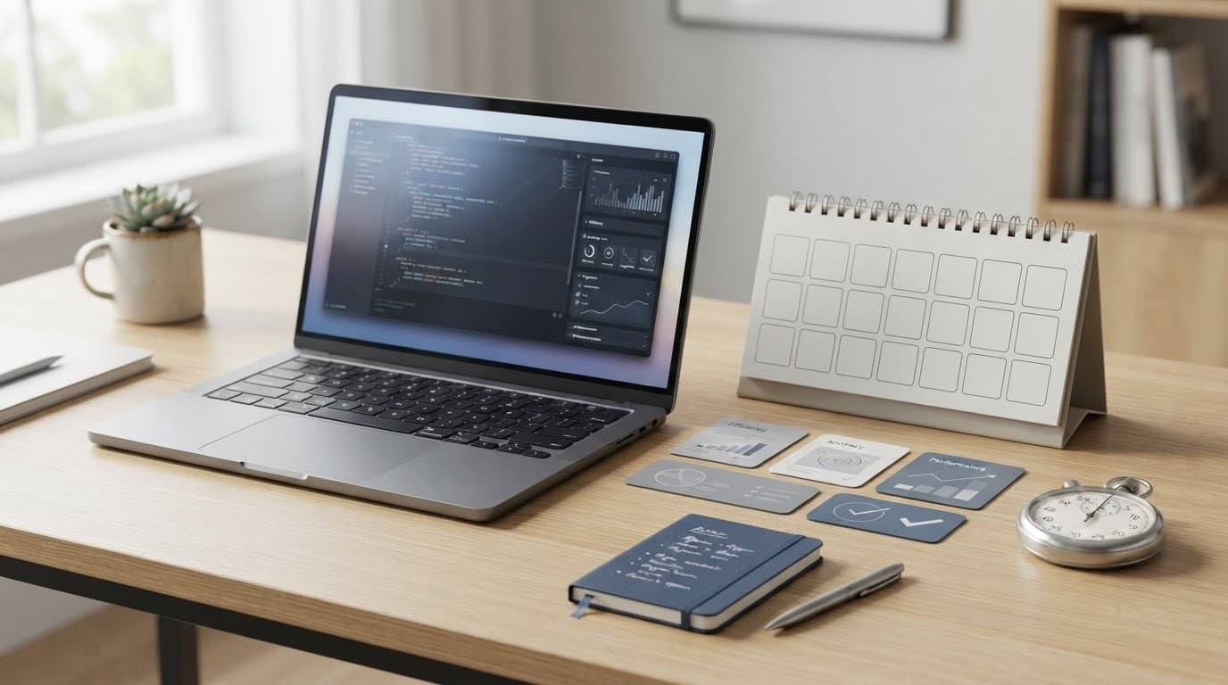 Laptop, two-week calendar, stopwatch, notebook, and comparison cards on a tidy desk.