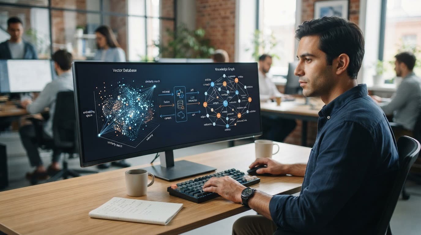 A professional views connected data nodes on a sleek monitor in a clean office.