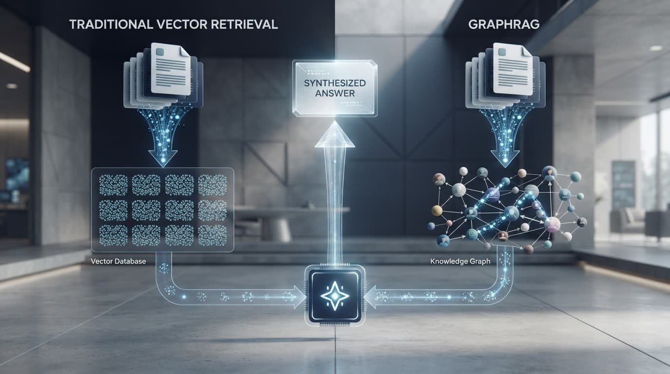 Two data pipelines compare vector search with a connected knowledge graph.