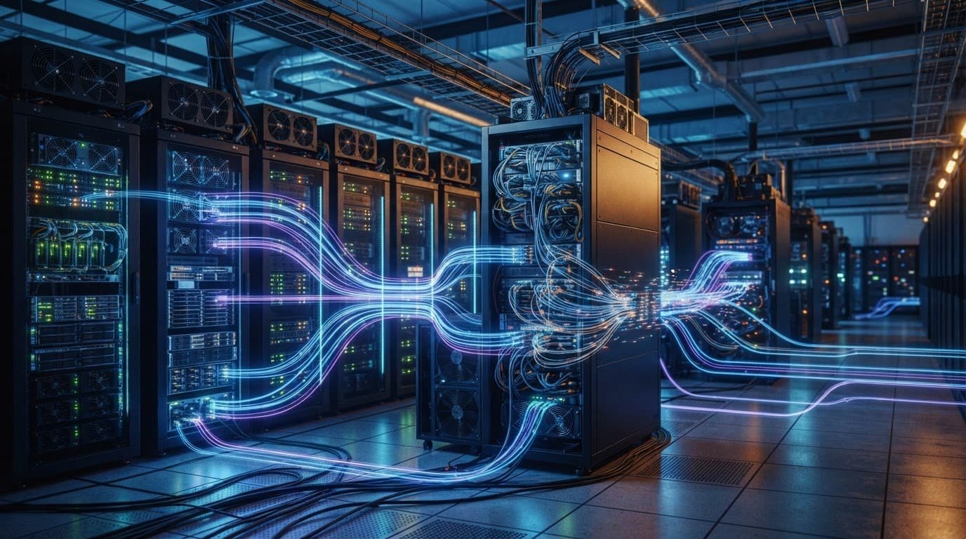 Server racks connected by glowing data streams in a modern infrastructure room.
