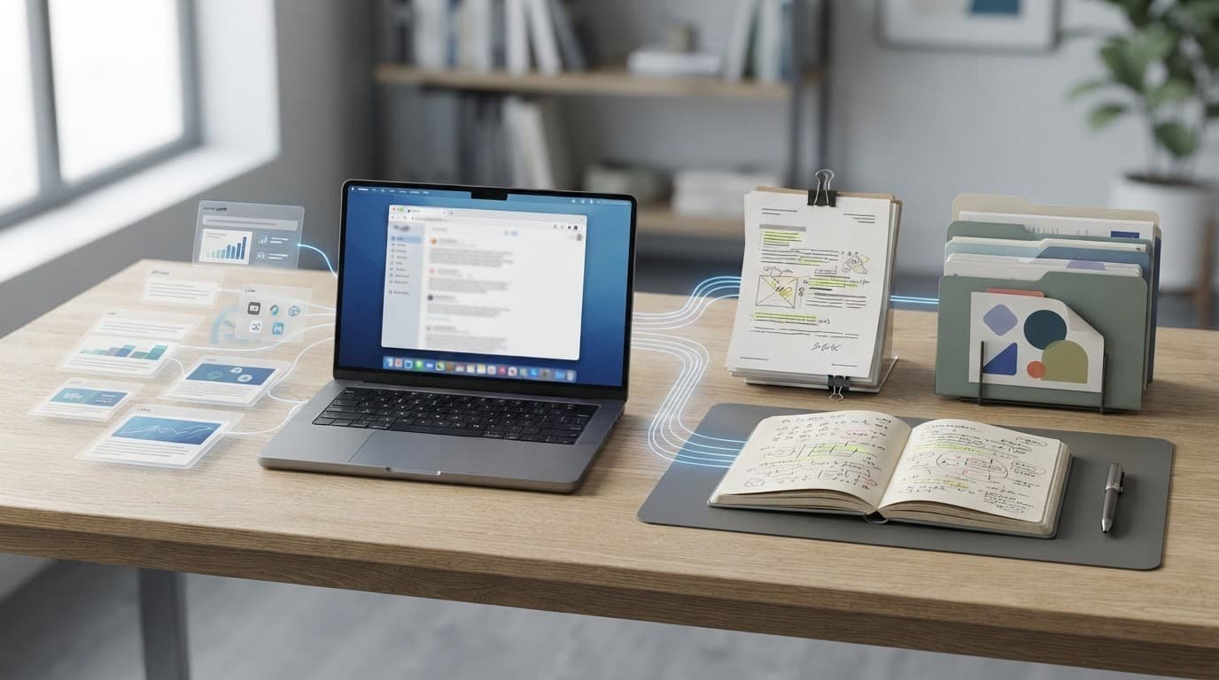Laptop showing a research workflow from web sources to an organized notebook.
