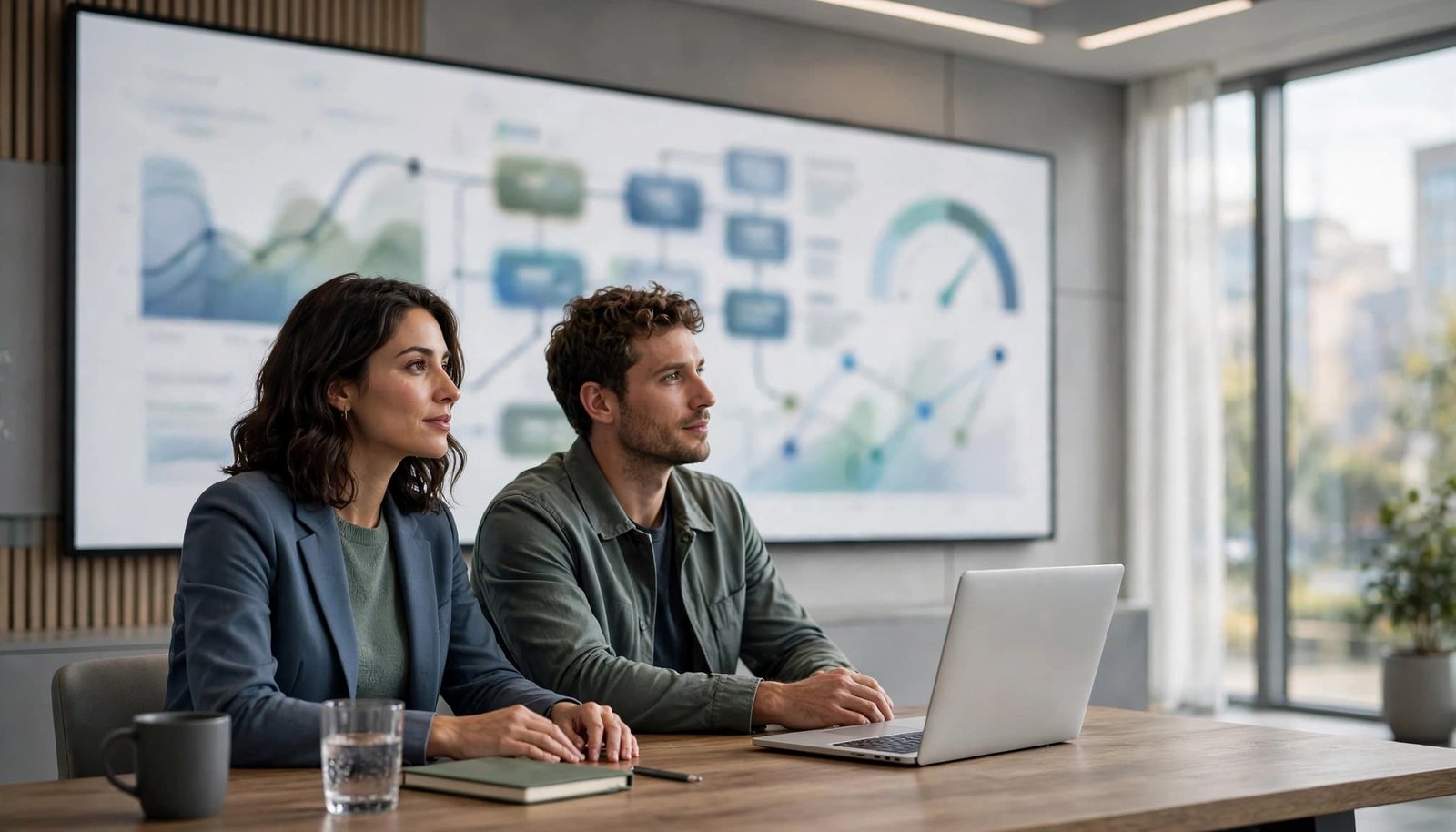 Two colleagues examine abstract, unbranded attribution and margin dashboards in a small office.