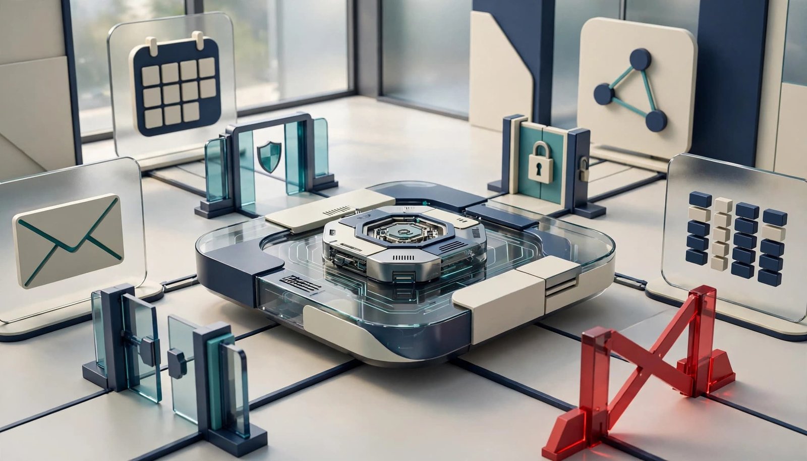 Central processor linked to business tools through permission gates, with one blocked path.