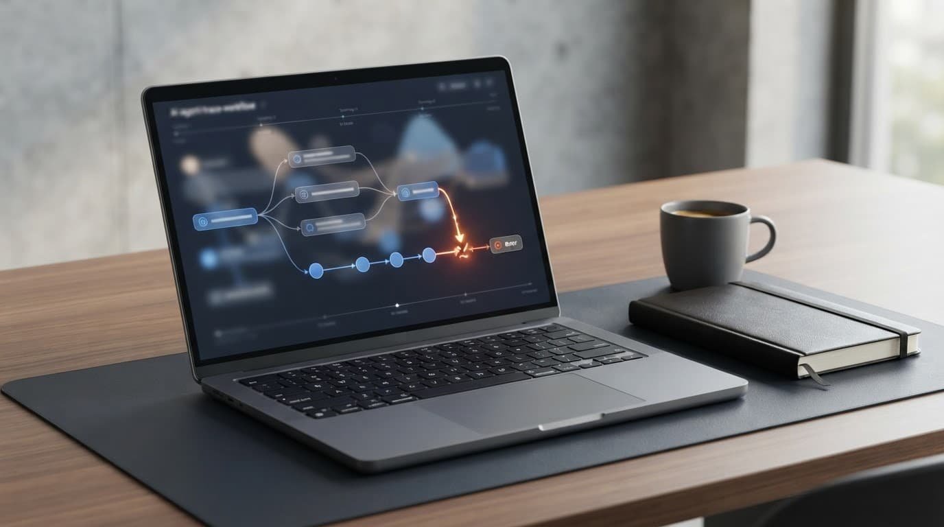 Laptop showing an abstract workflow beside a notebook and coffee cup.