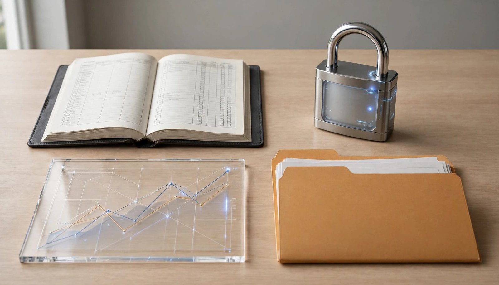 Four objects compare inventory, privacy, performance, and auditing on a clean table.
