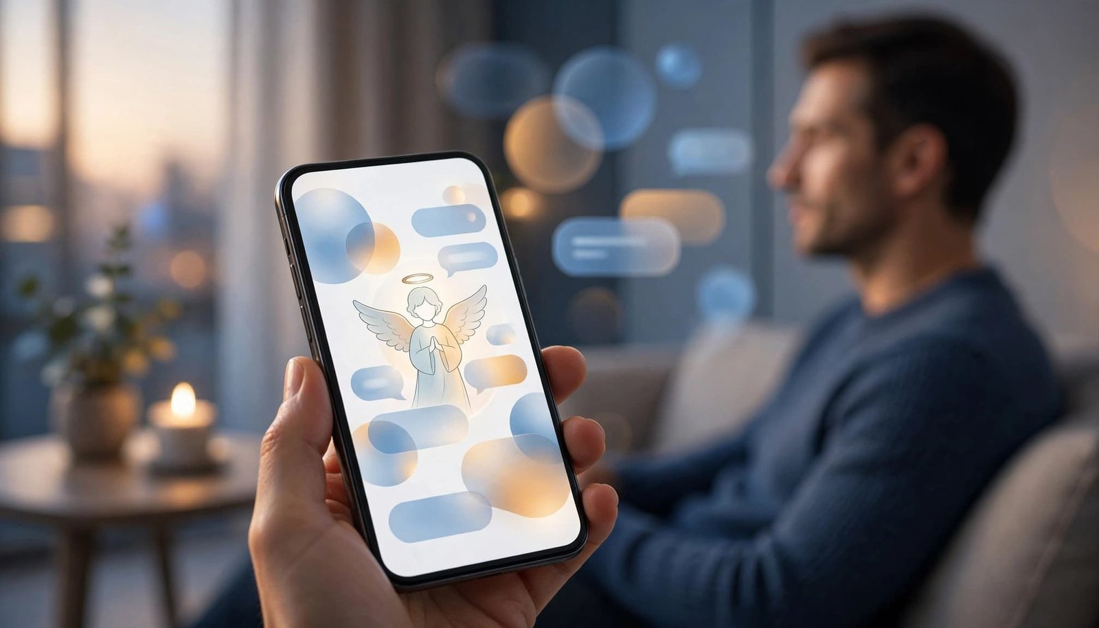 Adult using a smartphone with an angel avatar