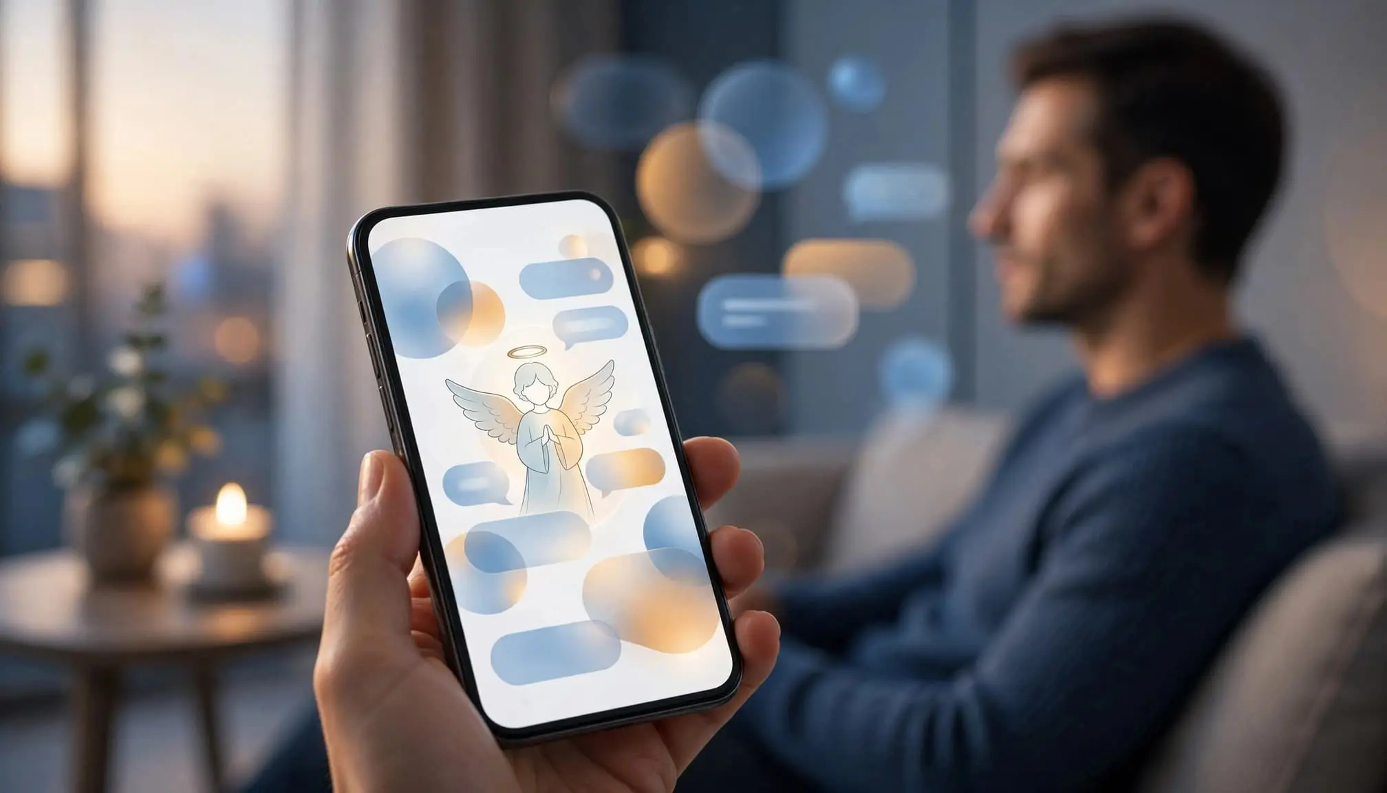 Adult using a smartphone with an angel avatar
