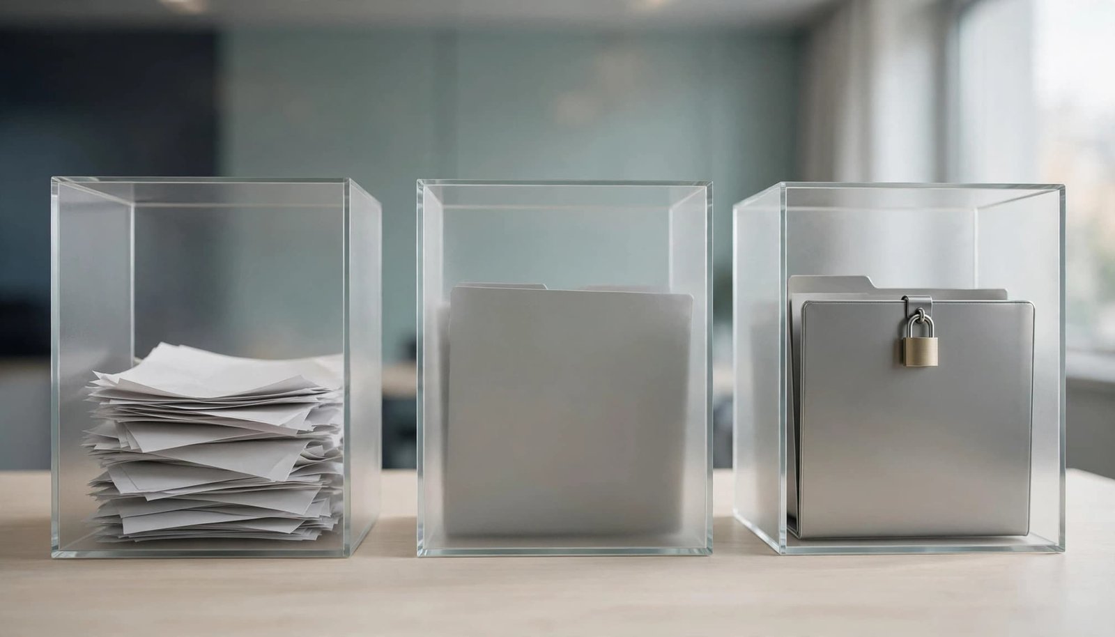 Three glass sections separate papers, a plain file, and a locked metal folder.