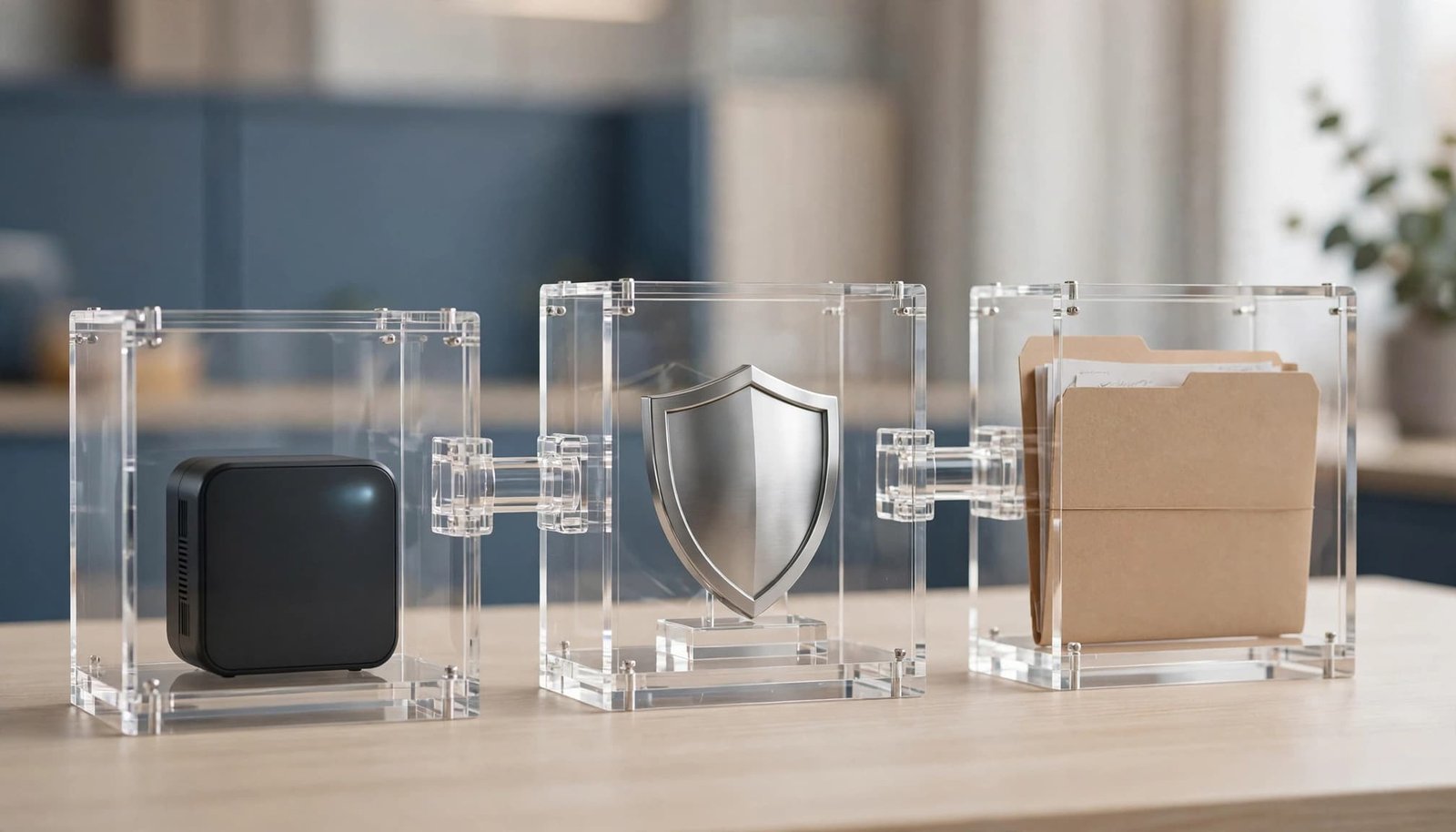 A software device, security shield, and signed folder arranged in three clear stages on a desk.