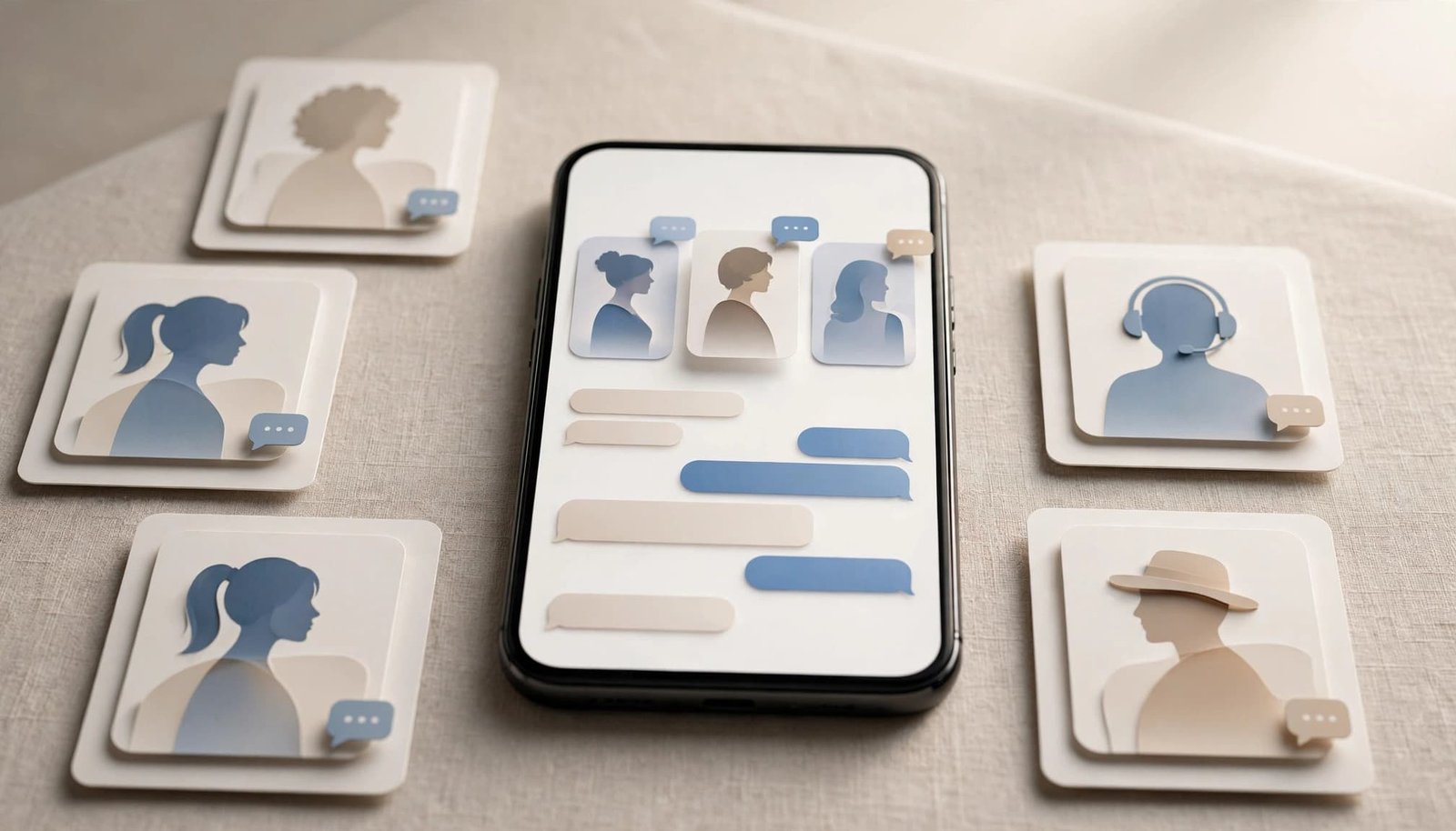 A smartphone displays abstract companion profiles and chat bubbles on a modern desk.