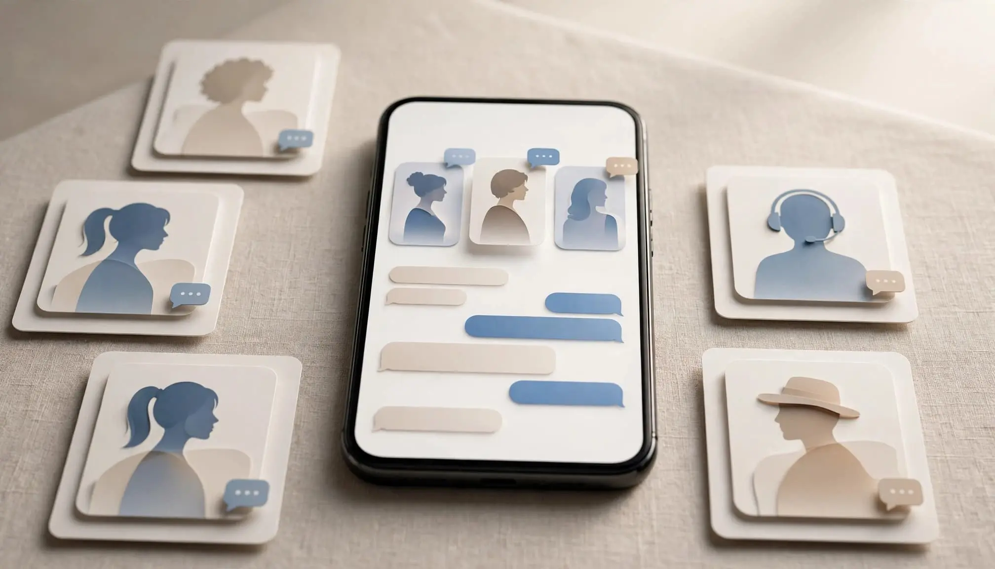 A smartphone displays abstract companion profiles and chat bubbles on a modern desk.