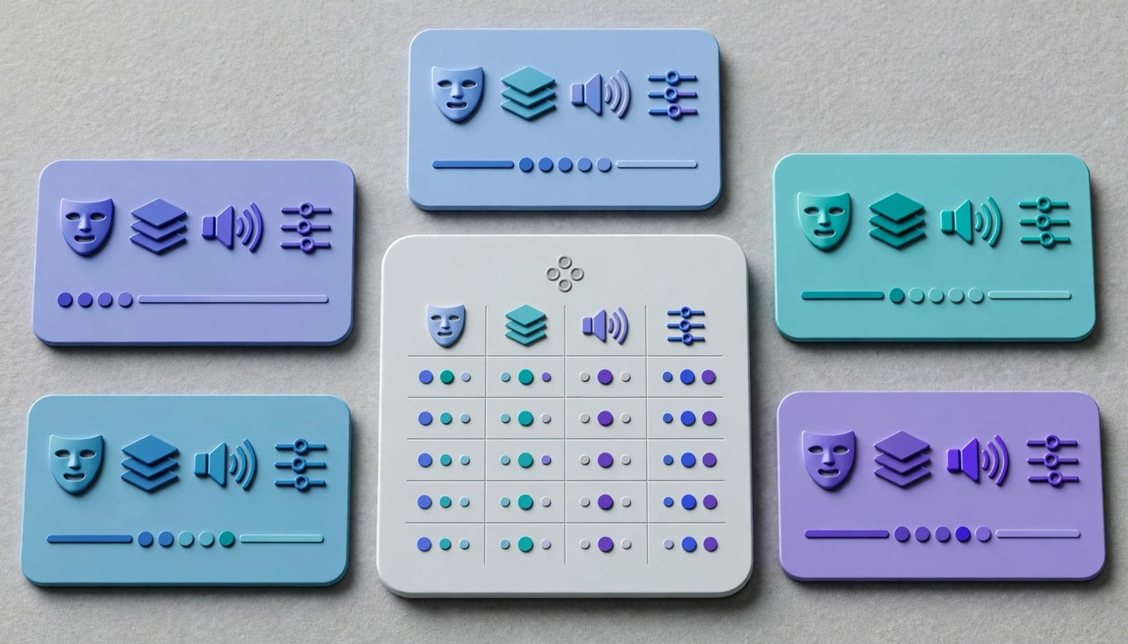 Five colorful profile cards arranged around a central comparison board.