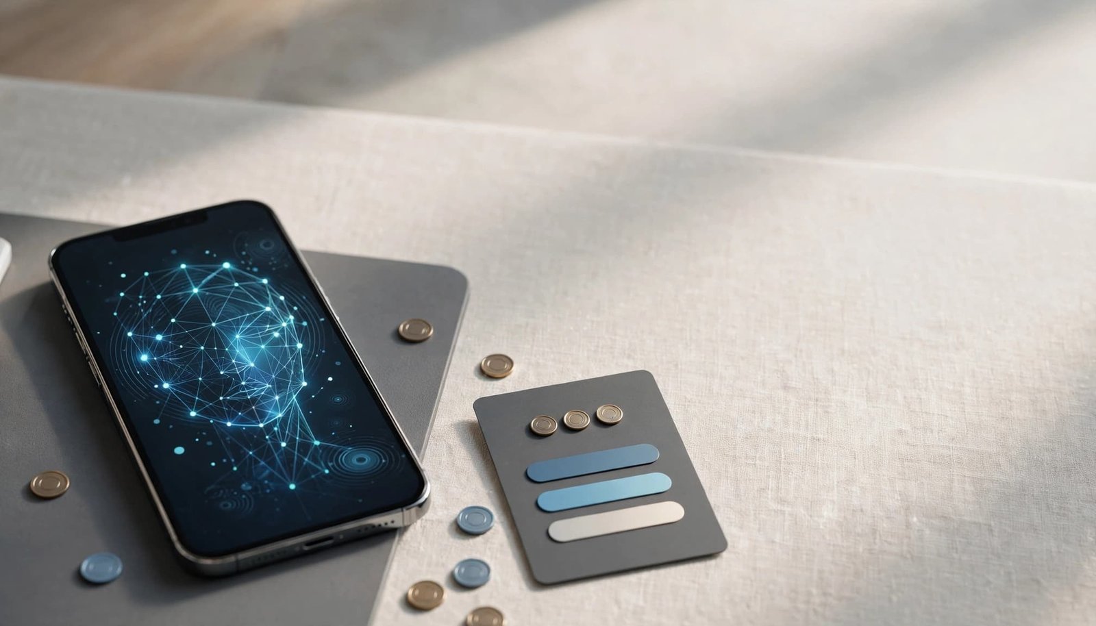 A smartphone beside a pricing card and circular token markers on a modern desk.