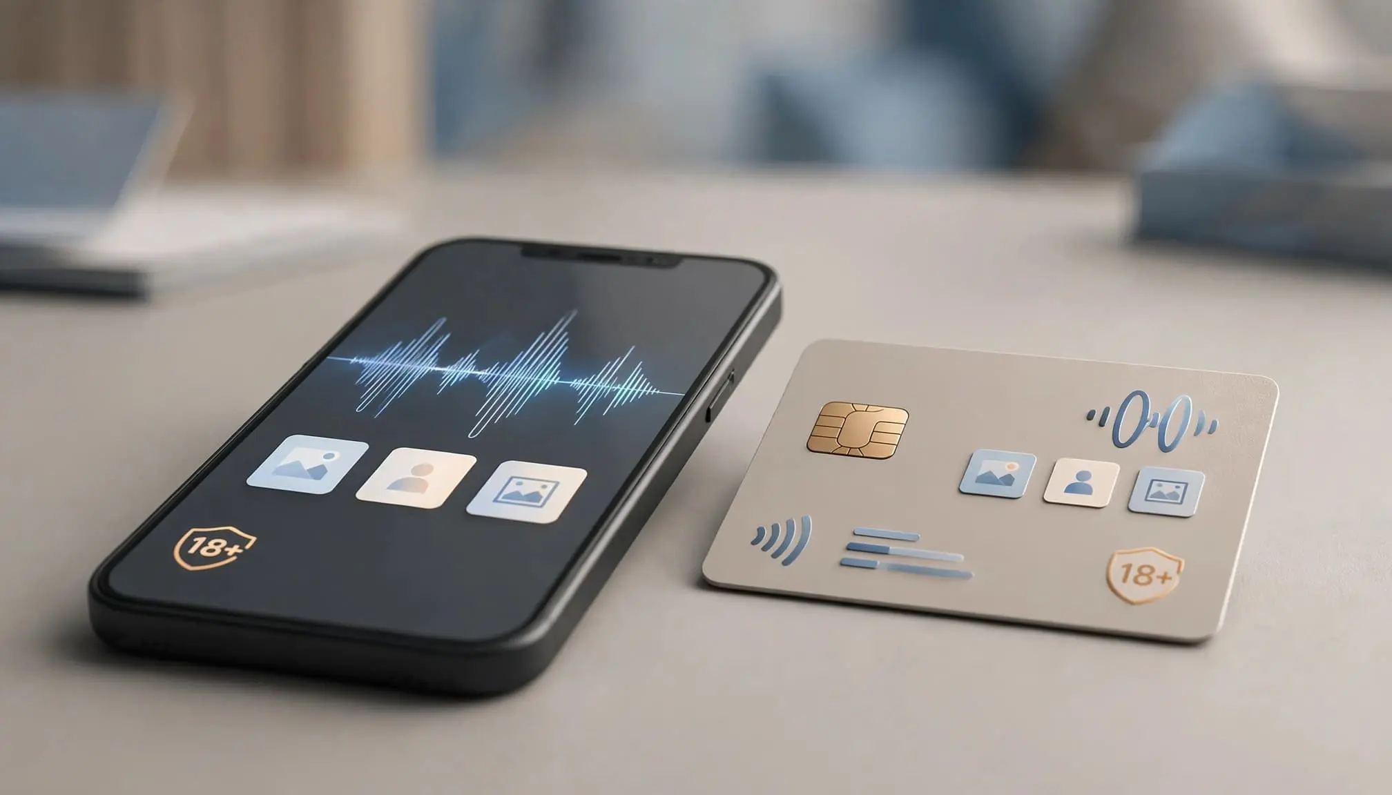 A smartphone and payment card beside waveform shapes and an age verification symbol.