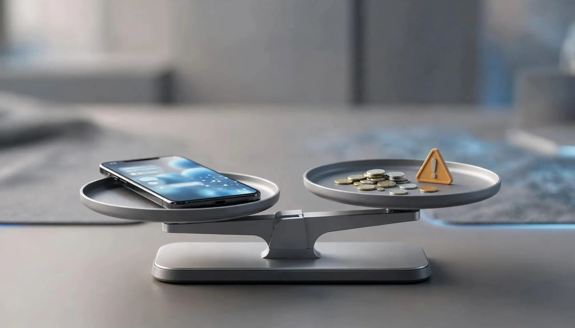 A phone and payment tokens balance on opposite sides of a tabletop scale.