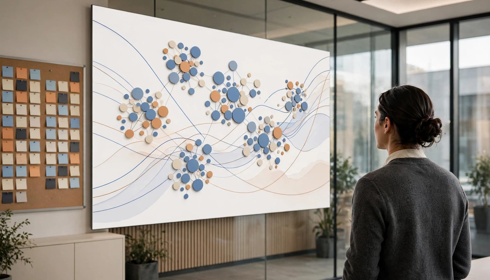 A manager reviews a colorful customer feedback visualization beside a physical kanban board.