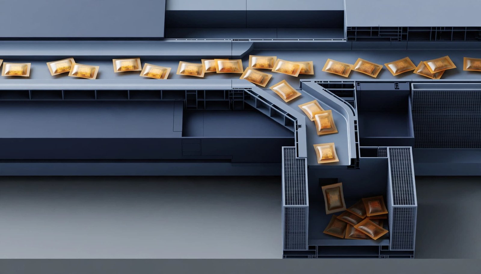 Sealed packets move through channels, with failed ones diverted into a separate compartment.