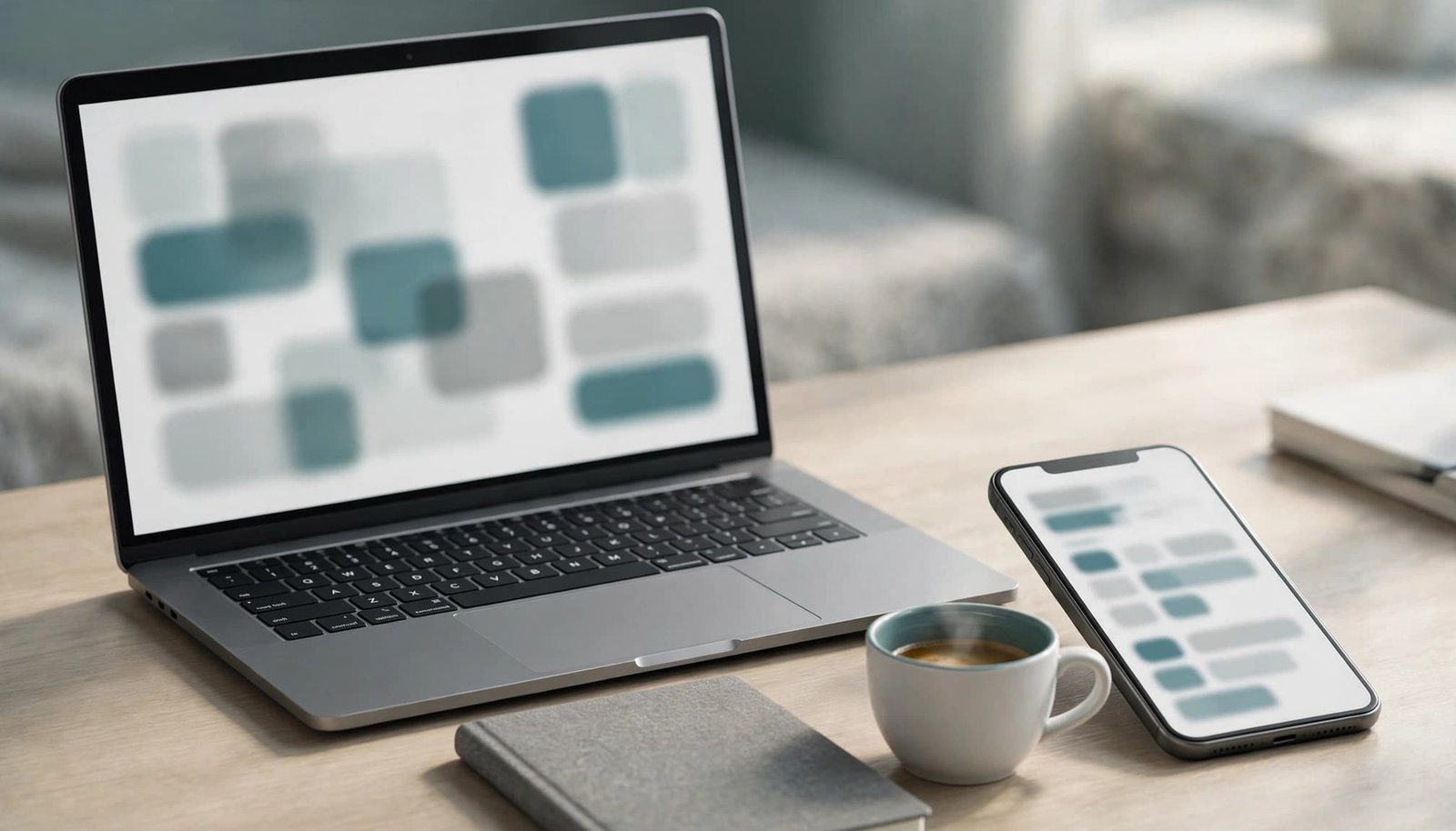 A laptop and smartphone show blurred calendar shapes beside a notebook and coffee.