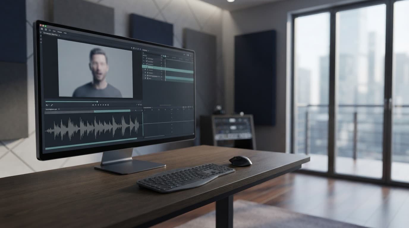Monitor showing a speaker video with aligned audio waveforms and facial-timing markers.